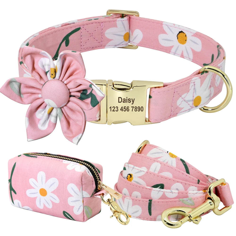 Personalized Floral Dog Collar Set – Collar + Leash + Poop Bag