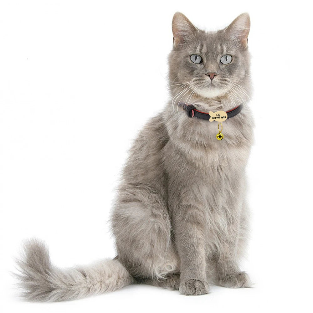 Personalized Leather Cat Collar – Custom Engraved Nameplate with Bell – Adjustable for Kittens, Cats & Small Dogs