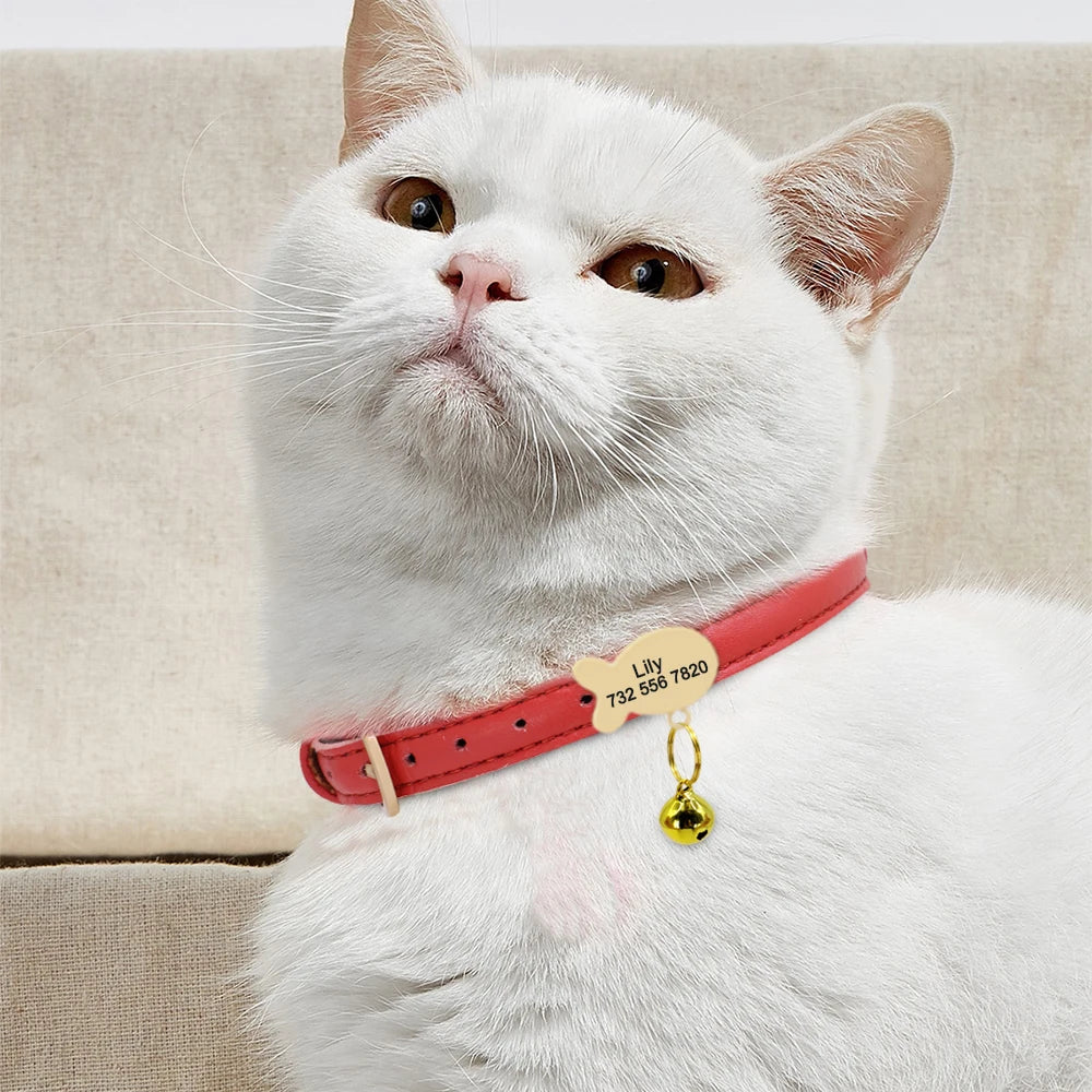 Personalized Leather Cat Collar – Custom Engraved Nameplate with Bell – Adjustable for Kittens, Cats & Small Dogs