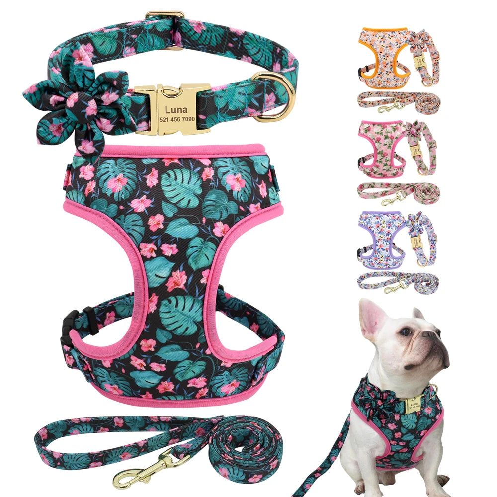 Adjustable Nylon Mesh Dog Harness Leash Set – Cute Printed Vest & Collar for Small & Medium Dogs & Cats (French Bulldog, Chihuahua, Yorkie, Puppy)