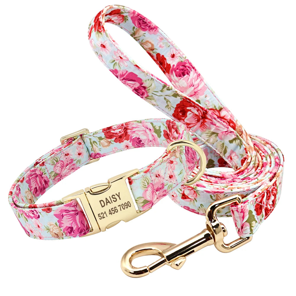 Personalized Printed Dog Collar Leash Set - Custom Nylon Collar & Leash with Free Engraved Nameplate for Small, Medium, and Large Dogs