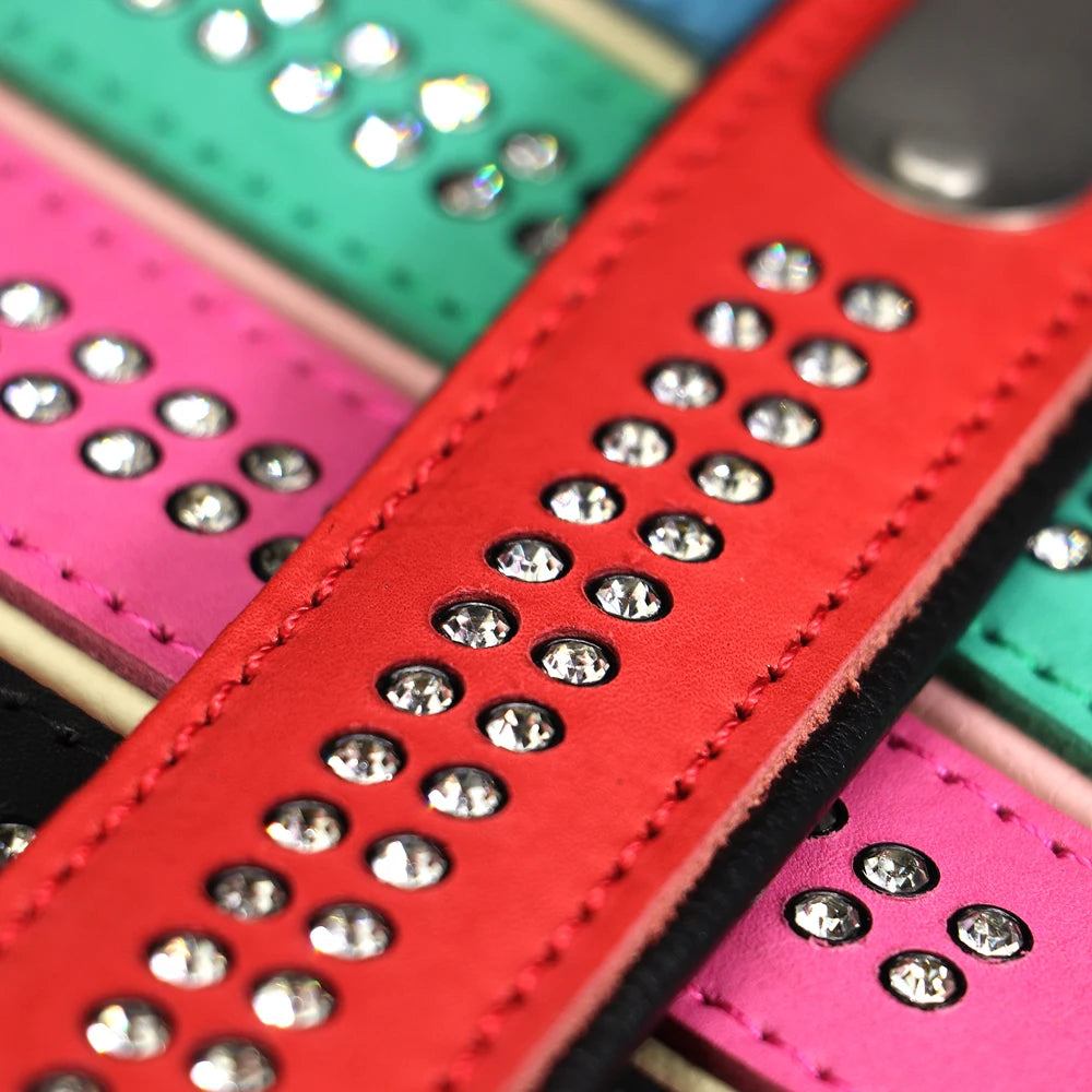 Personalized Dog Collar with Rhinestones – Custom Engraved Leather Pet ID Collar | Adjustable for Small, Medium & Large Dogs