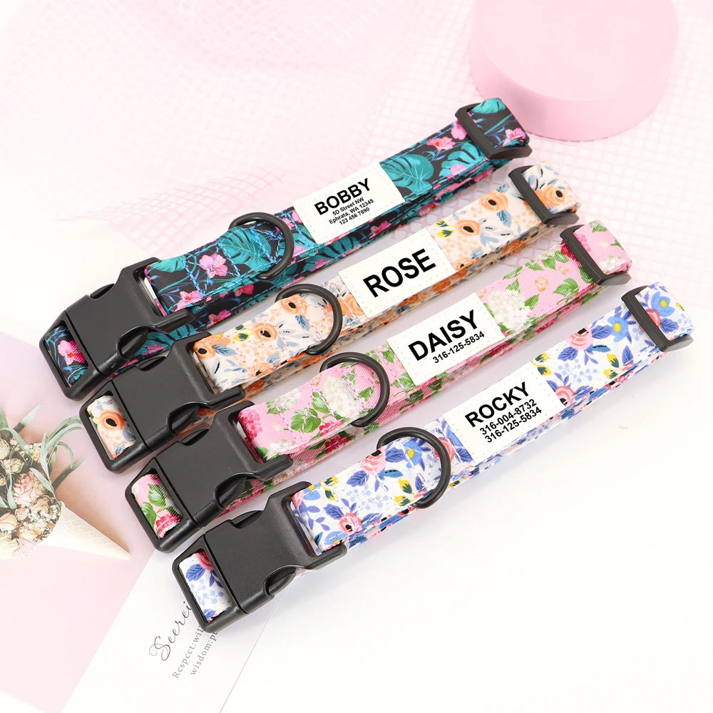 Customized Nylon Dog Collar – Floral Printed Personalized ID Tag for Dogs & Cats