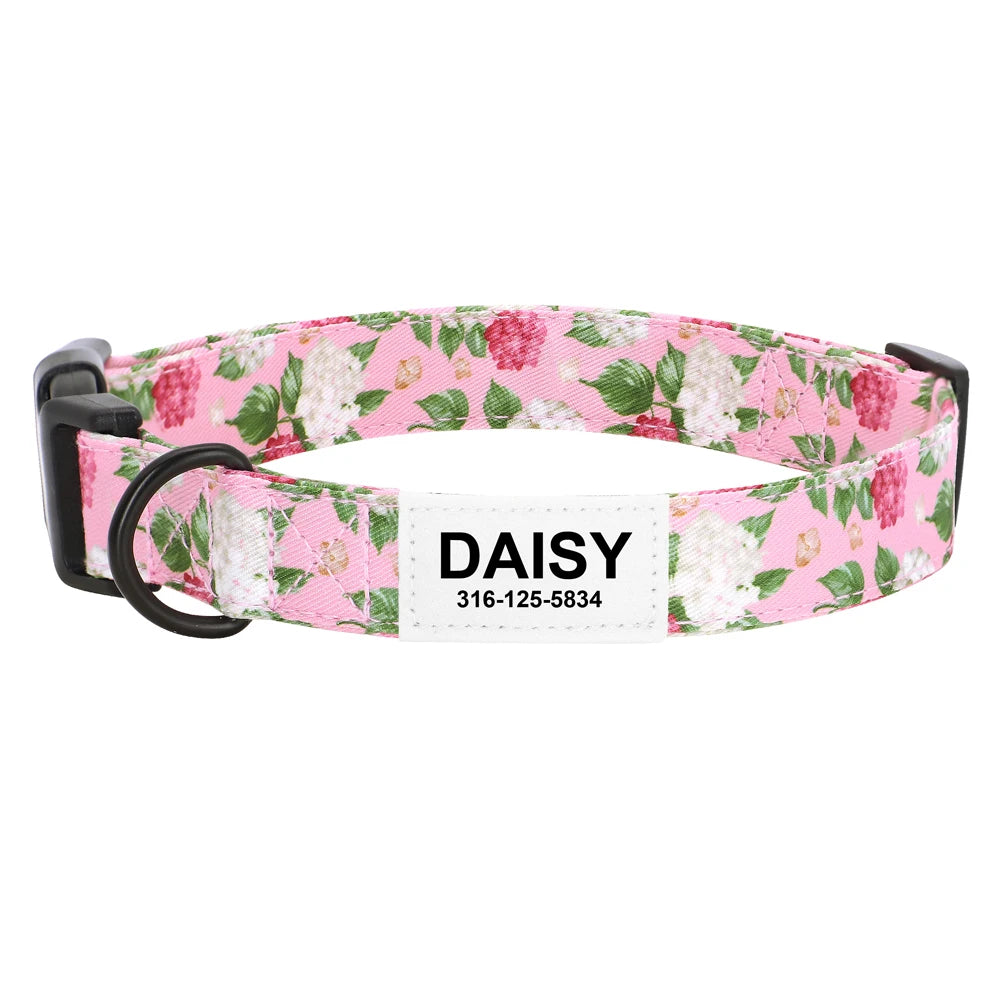 Customized Nylon Dog Collar – Floral Printed Personalized ID Tag for Dogs & Cats