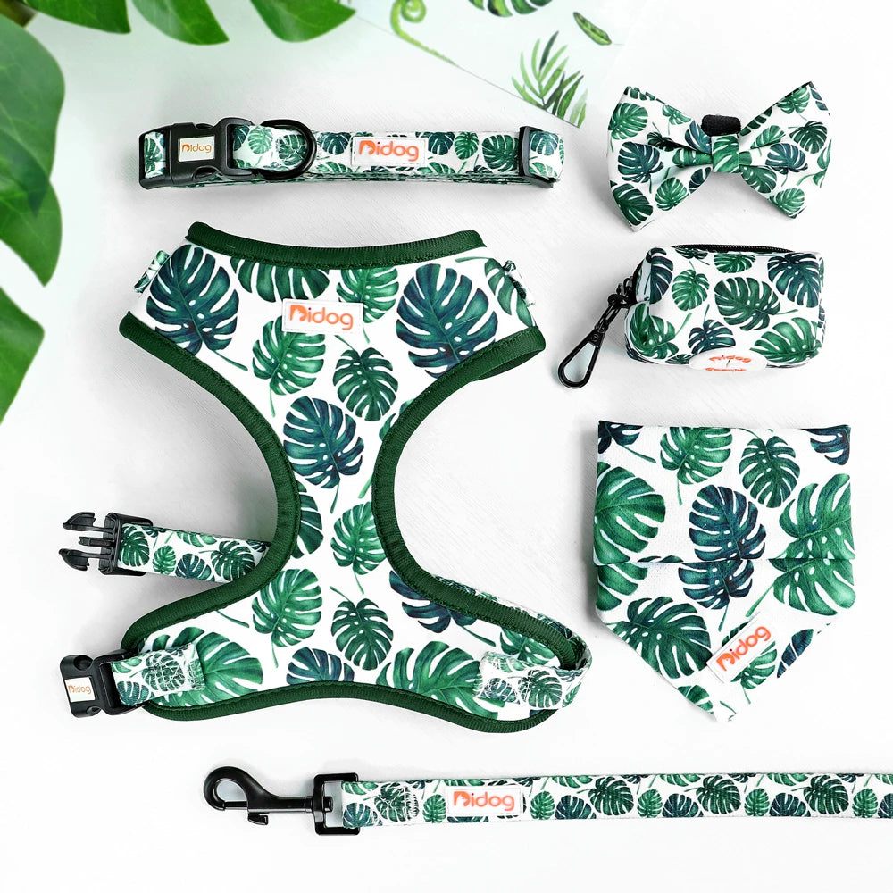 6-Piece Dog Harness Set – Fashion Printed Harness with Matching Collar, Leash, Bandana, Bowtie & Poop Bag Holder for Small & Medium Dogs