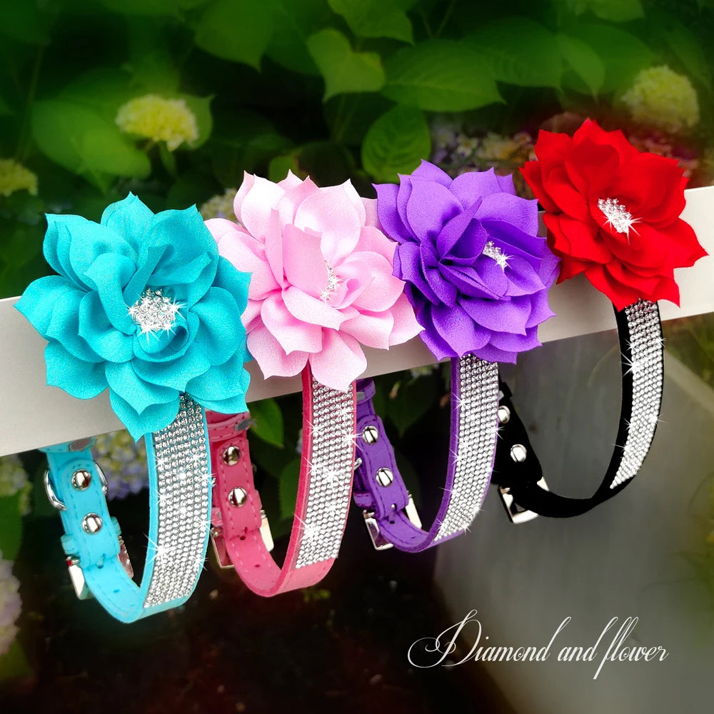 Bling Rhinestone Dog Collar with Flower – Sparkly Crystal Puppy & Cat Necklace for Chihuahua, Yorkie, Poodle