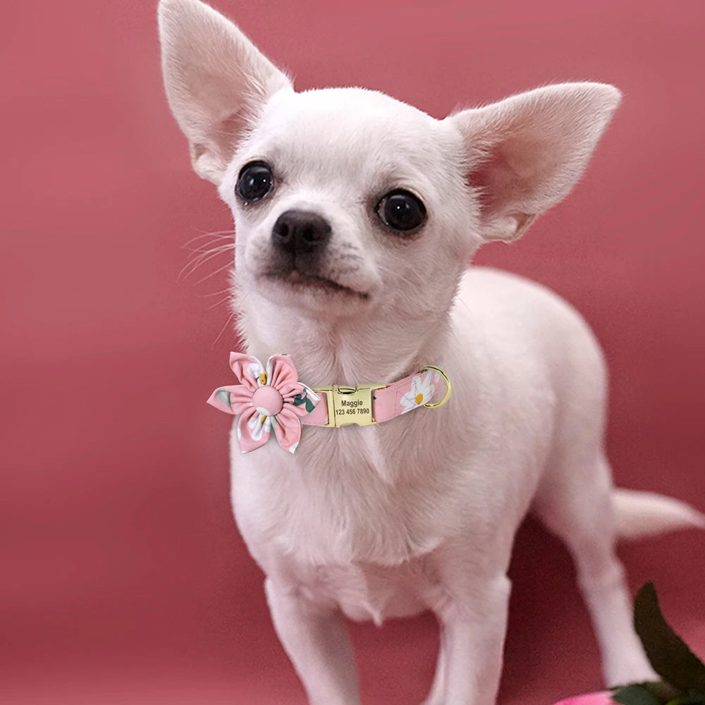 Personalized Dog Collar with Flower Print – Custom Engraved Nameplate | Adjustable Nylon Pet ID Collar for Small, Medium & Large Dogs