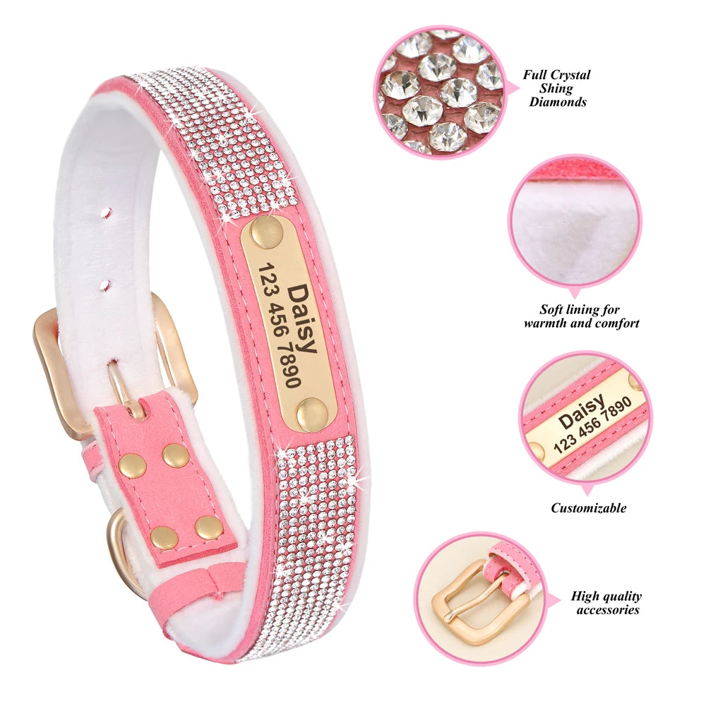 Personalized Dog Tag Collar – Bling Rhinestone Nylon Pet Collar with Soft Padded Lining, Free Engraving for Small Medium Dogs & Cats