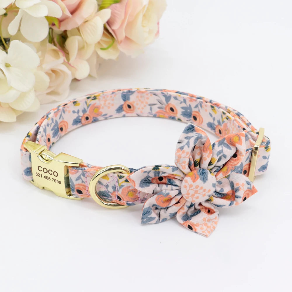 Personalized Dog Collar with Flower Print – Custom Engraved Nameplate | Adjustable Nylon Pet ID Collar for Small, Medium & Large Dogs