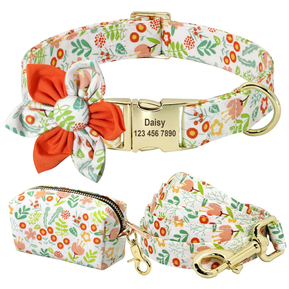 Personalized Floral Dog Collar Set – Collar + Leash + Poop Bag