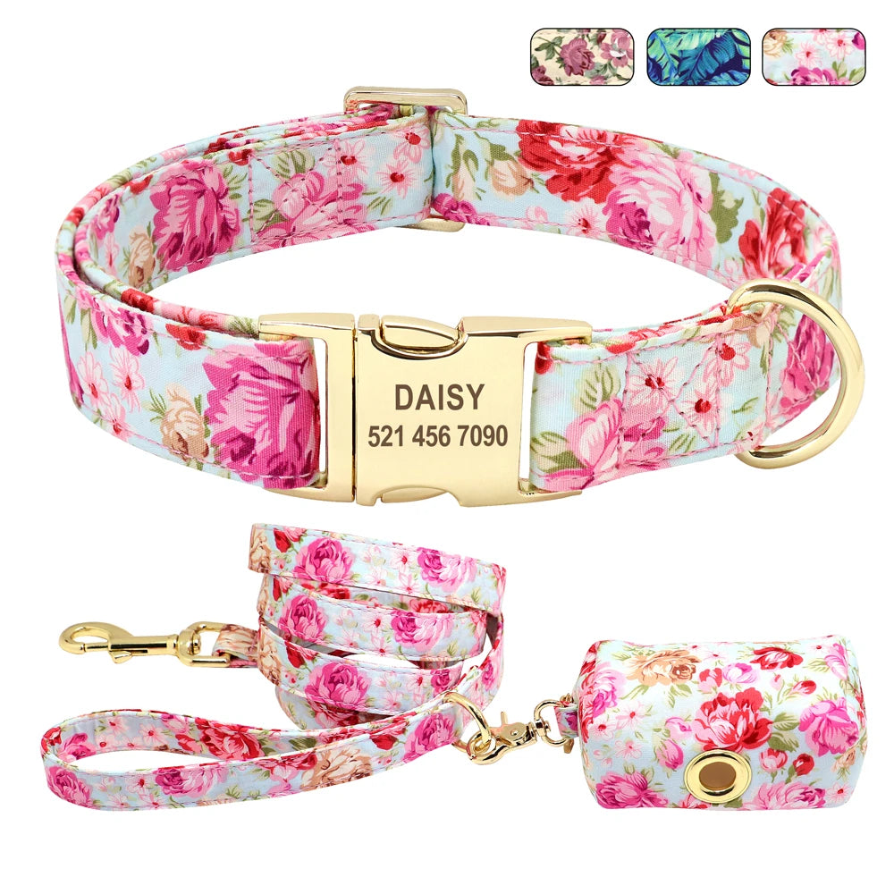 Personalized Dog Collar & Leash Set with Engraved ID Tag + Matching Treat Bag – Custom Adjustable Collar for Small, Medium &amp; Large Dogs (Pink / Blue / Beige)