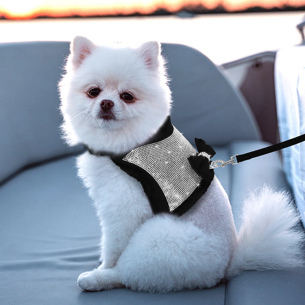 Bling Rhinestones Harness For Small Dogs Cats Soft Warm Dog Harness Vest Leash Set With Bowtie Winter Pet Clothes For Chihuahua