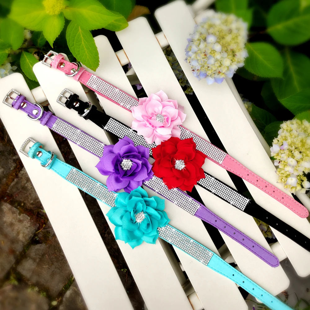 Bling Rhinestone Dog Collar with Flower – Sparkly Crystal Puppy & Cat Necklace for Chihuahua, Yorkie, Poodle