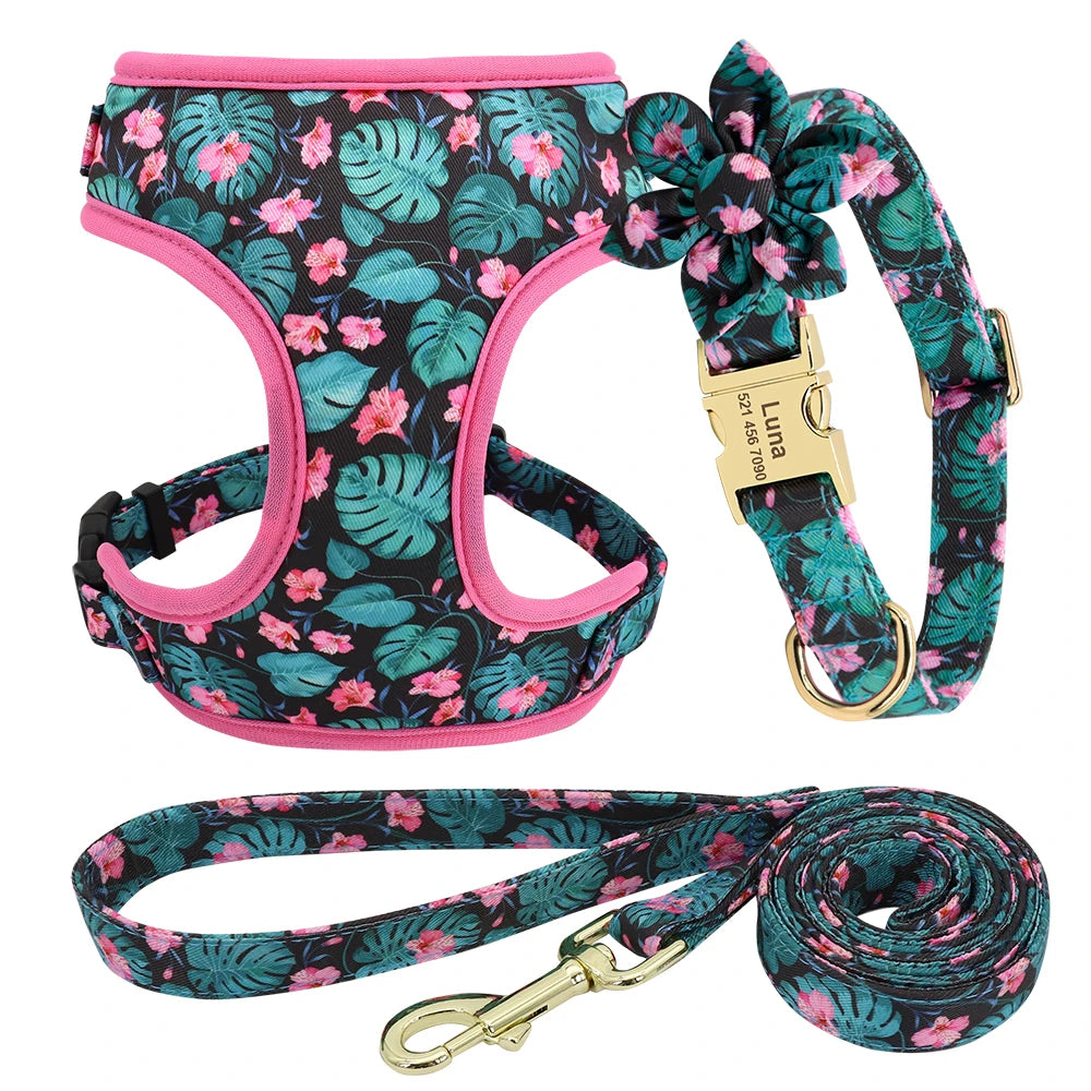 Adjustable Nylon Mesh Dog Harness Leash Set – Cute Printed Vest & Collar for Small & Medium Dogs & Cats (French Bulldog, Chihuahua, Yorkie, Puppy)