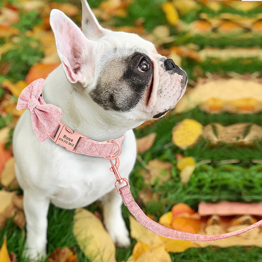 Customized Dog Collar & Leash Set – Personalized Pet Collars with Bowtie & Free Engraving