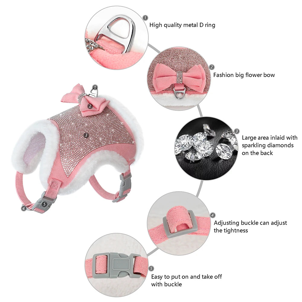 Bling Rhinestones Harness For Small Dogs Cats Soft Warm Dog Harness Vest Leash Set With Bowtie Winter Pet Clothes For Chihuahua