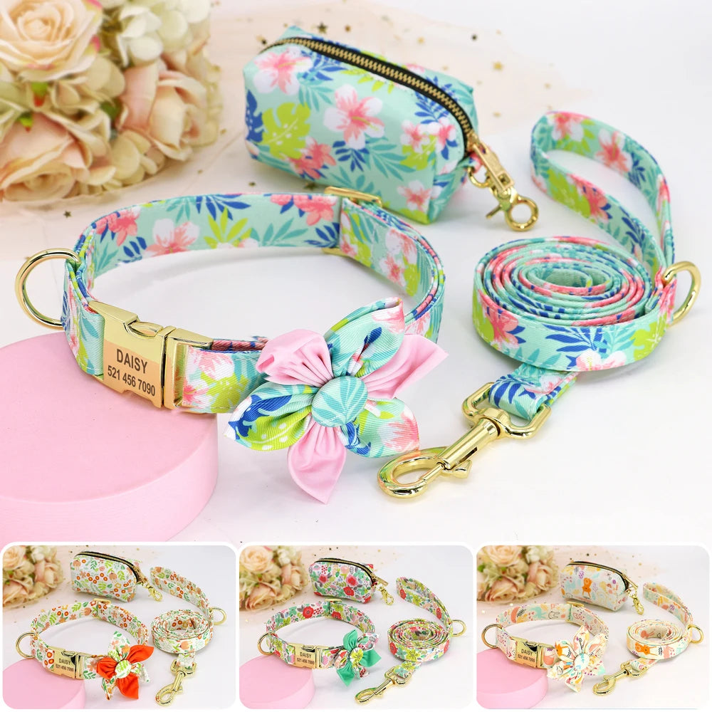 Personalized Floral Dog Collar Set – Collar + Leash + Poop Bag