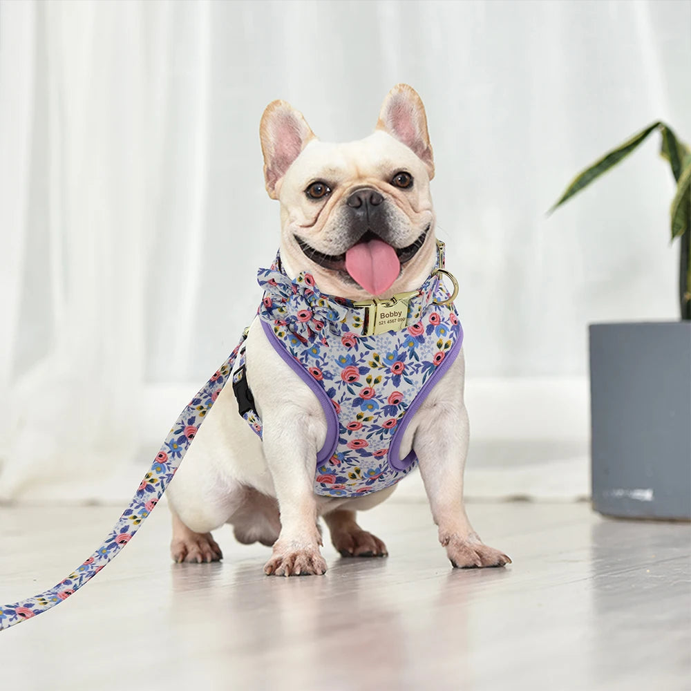 Adjustable Nylon Mesh Dog Harness Leash Set – Cute Printed Vest & Collar for Small & Medium Dogs & Cats (French Bulldog, Chihuahua, Yorkie, Puppy)