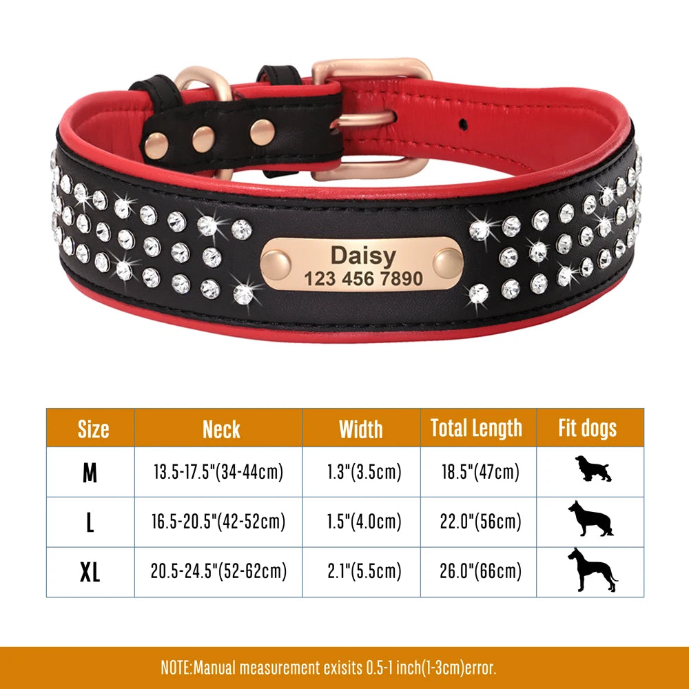Personalized Dog Collar with Rhinestones – Custom Engraved Leather Pet ID Collar | Adjustable for Small, Medium & Large Dogs