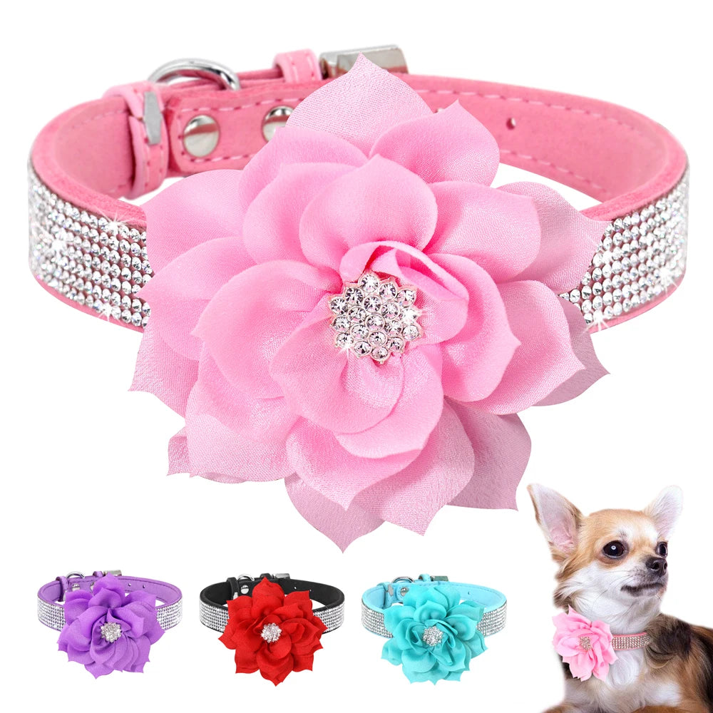 Bling Rhinestone Dog Collar with Flower – Sparkly Crystal Puppy & Cat Necklace for Chihuahua, Yorkie, Poodle