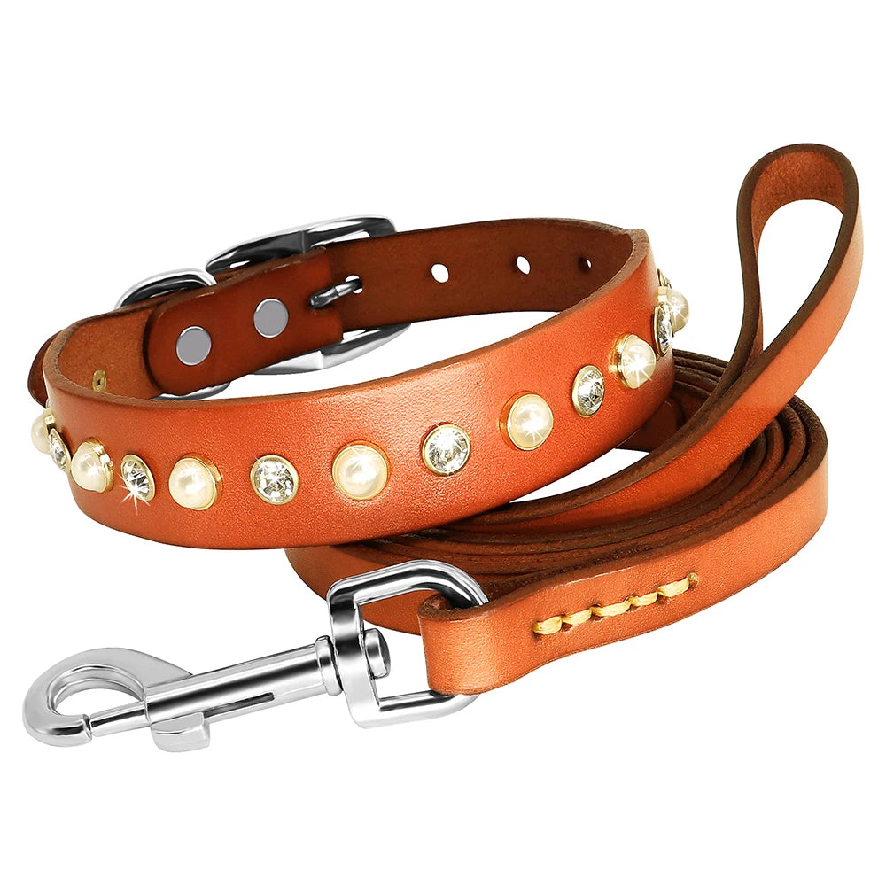 Genuine Leather Bling Collar & Leash Set – For Small & Medium Pets