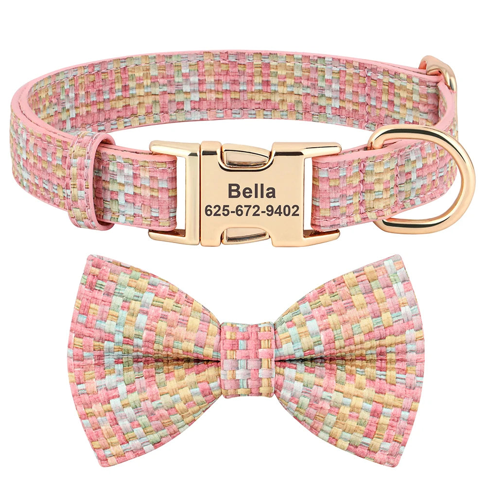 Custom Plaid Leather Dog Collar with Bow – Personalized Nameplate | Free Engraving | Small to Large Dogs