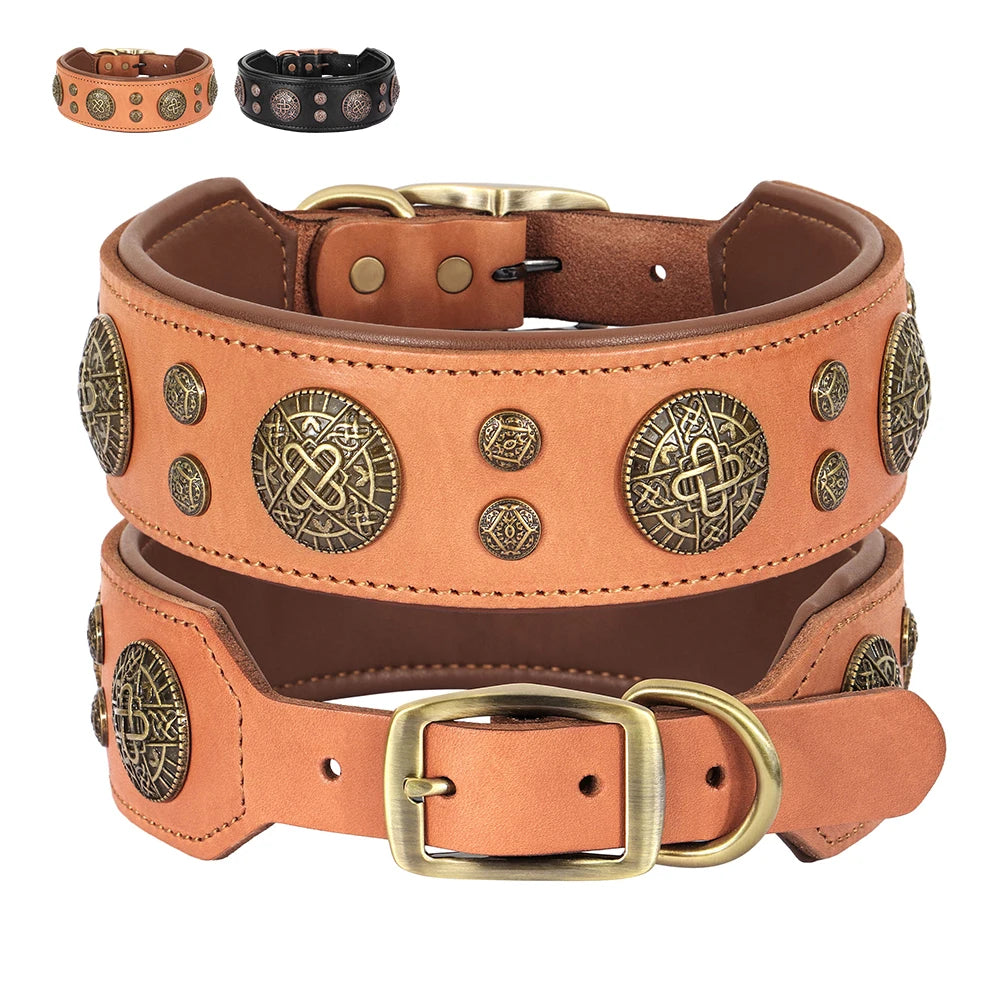 Genuine Leather Dog Collar – Vintage Studded Design, Adjustable for Medium & Large Dogs (Bulldog, Husky, Labrador)