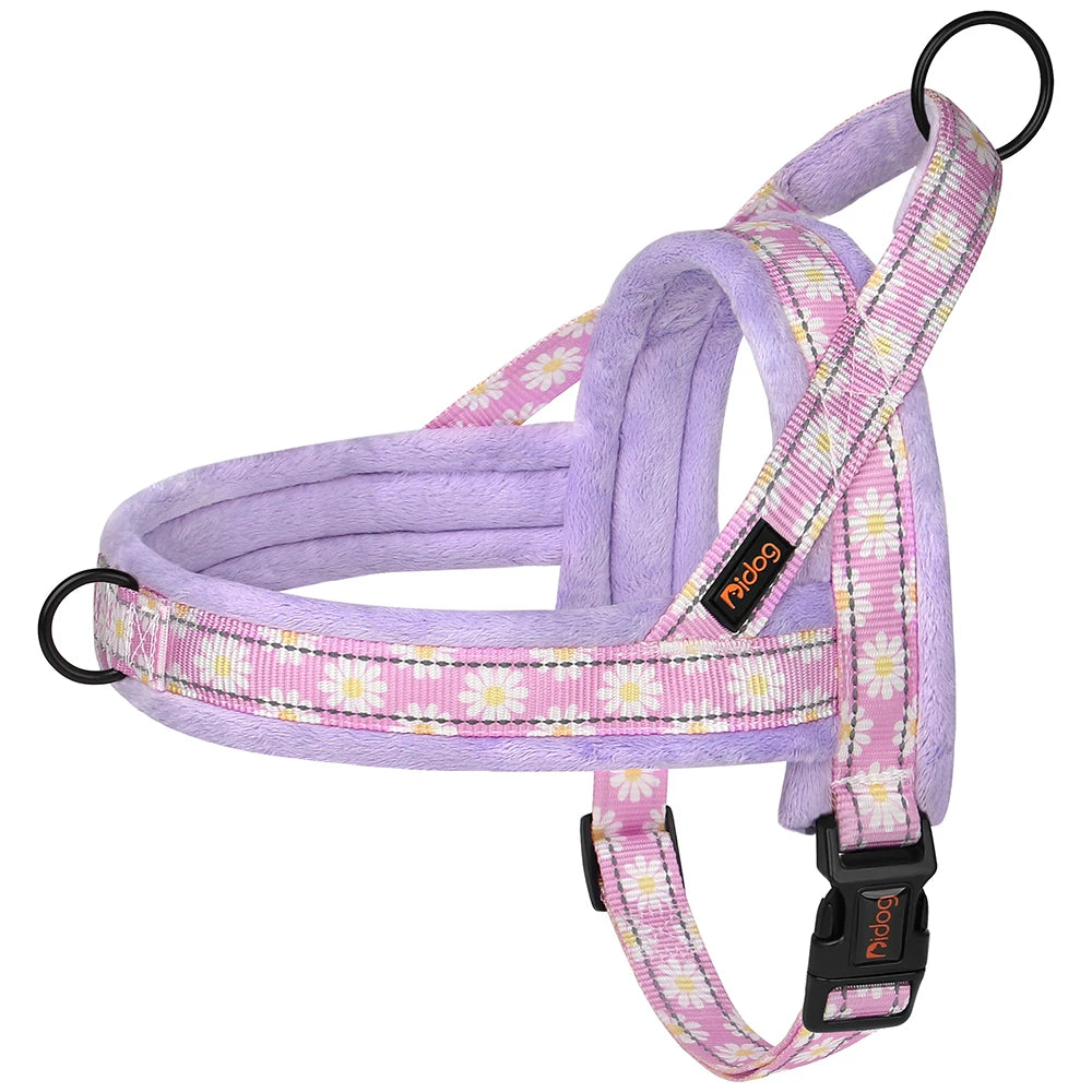 No Pull Reflective Dog Harness Winter Pet Dogs Vest Harness Warm Fur Padded Strap Harness for Medium Large Dogs Flower Print