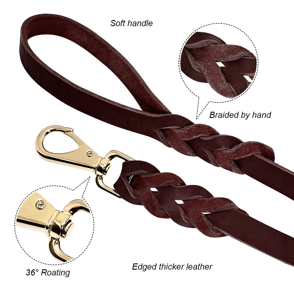 1.5m Real Leather Dog Leash – Strong Genuine Leather Pet Walking Lead Rope for Small, Medium & Large Dogs