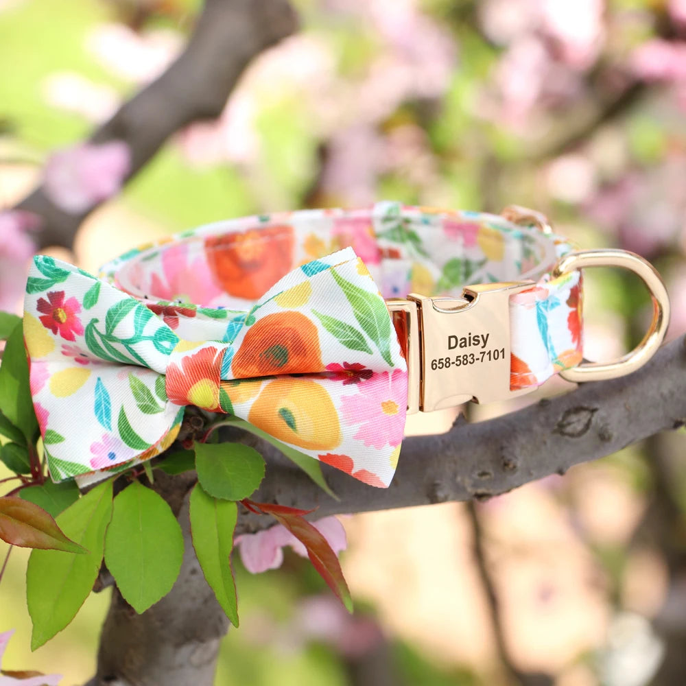 Custom Bowtie Dog Collar – Personalized Floral ID Tag with Engraved Name & Phone Number