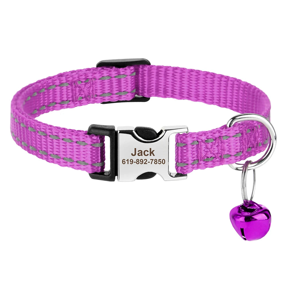 Reflective Personalized Nylon Dog & Cat Collar with Custom Engraved ID Tag & Bell – Adjustable Safety Collar for Small & Medium Pets