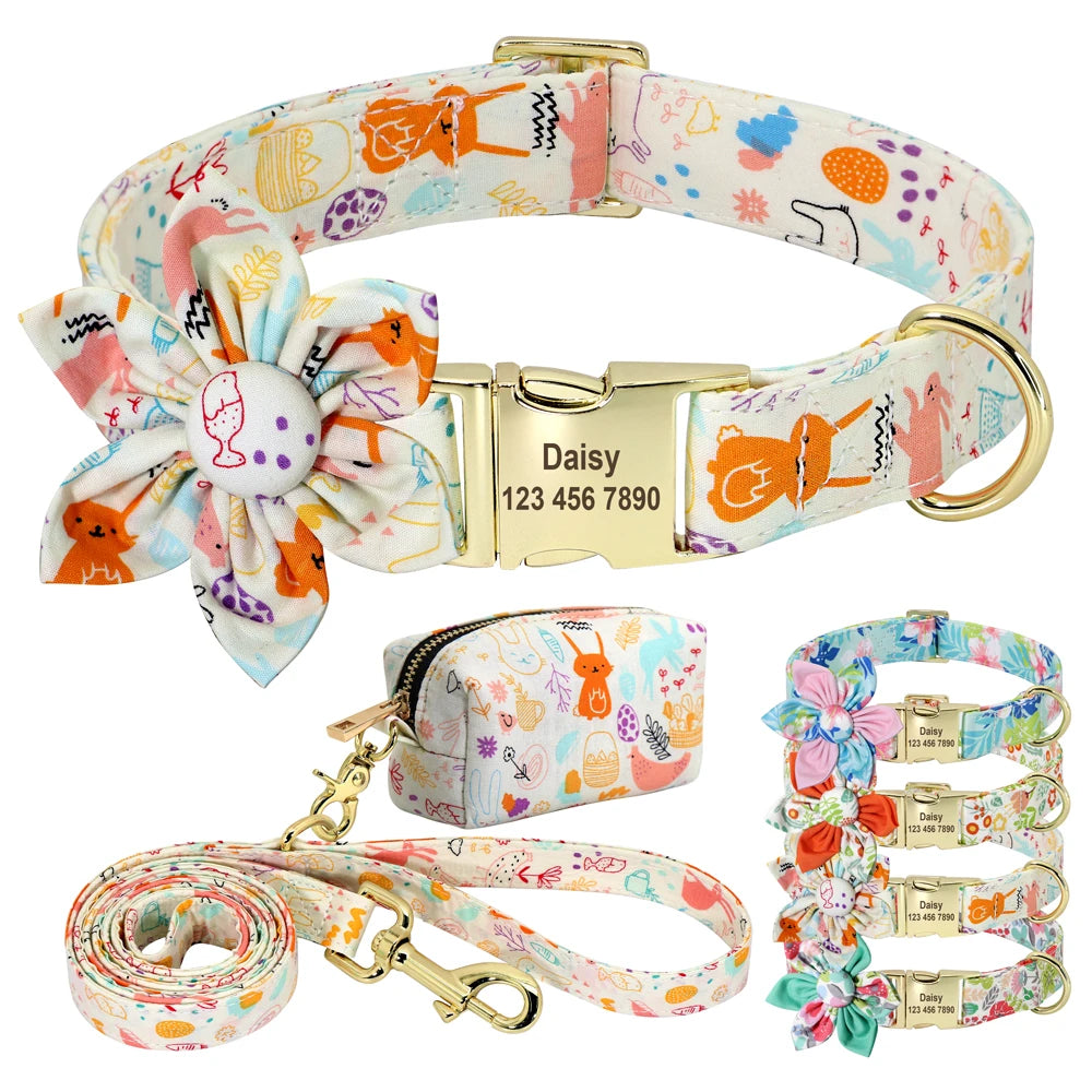 🌸 Personalized Floral Dog Collar, Leash & Poop Bag Set – Custom Name ID Tag – Adjustable for Small, Medium & Large Dogs