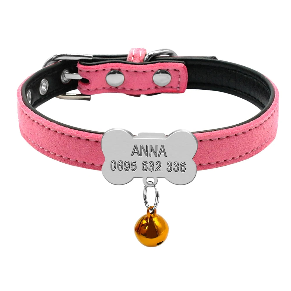 Personalized Leather Cat Collar – Custom Engraved Nameplate with Bell – Adjustable for Kittens, Cats & Small Dogs
