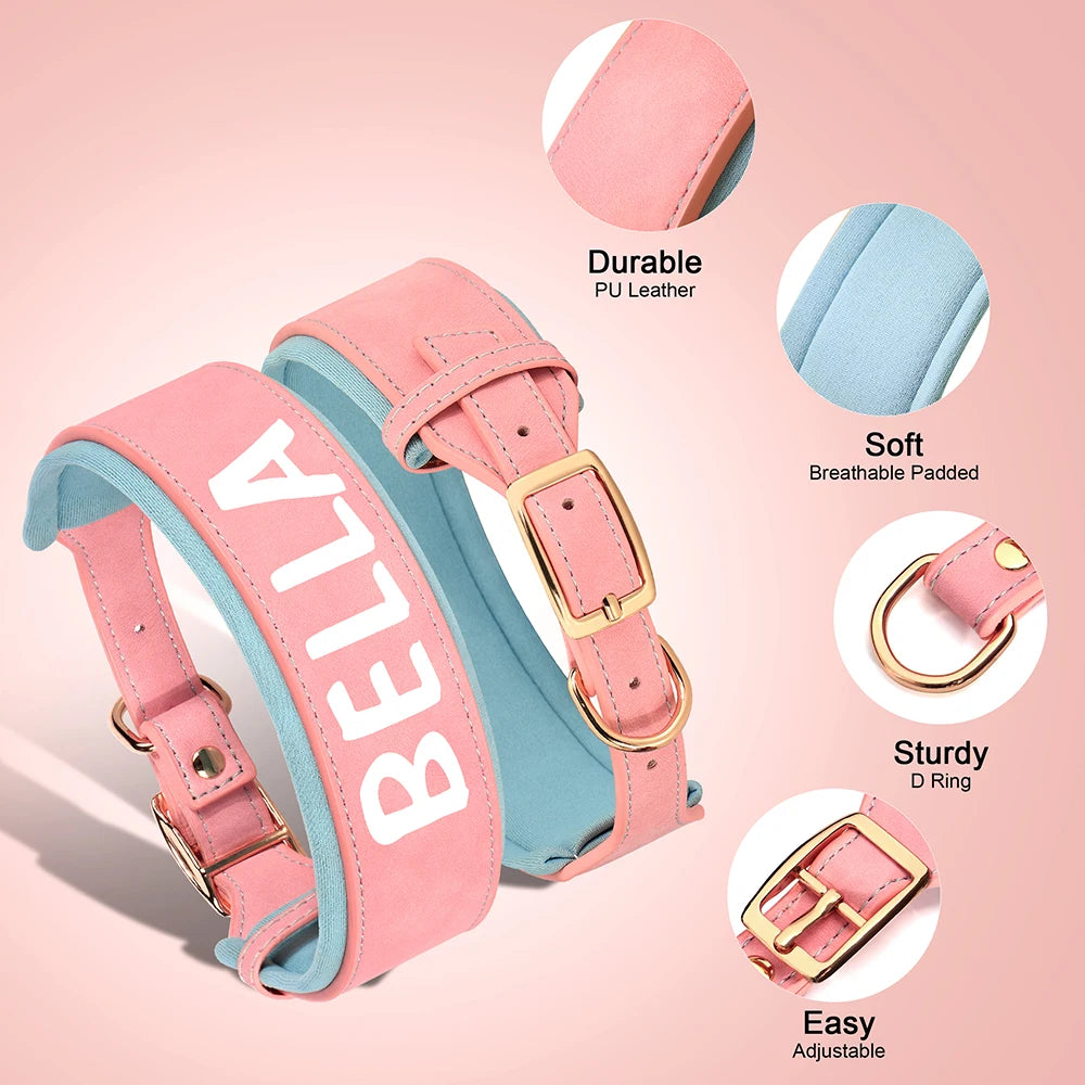 Custom Print Dog Collar – Wide Soft Padded PU Leather Name Collar for Medium & Large Dogs (Free Personalized Print)