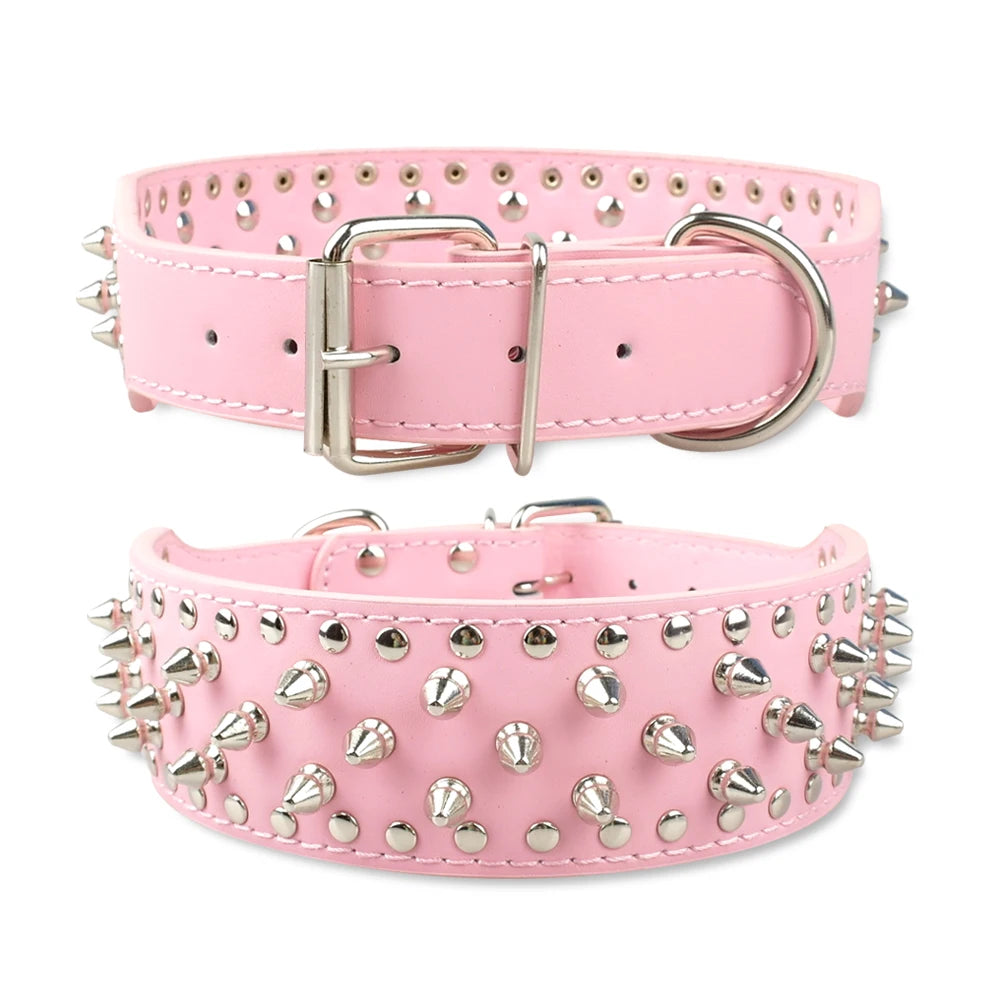 Spiked Studded Leather Dog Collar – Adjustable Anti-Bite Bulldog Collar for Small, Medium & Large Dogs
