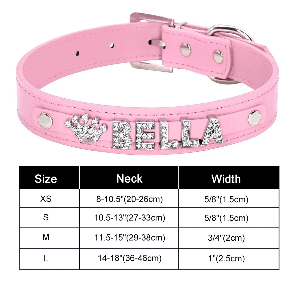 Bling Personalized Dog & Cat Collar – PU Leather Puppy Chihuahua Necklace with DIY Rhinestone Name & Free Charms