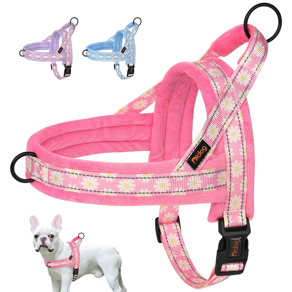 No Pull Reflective Dog Harness Winter Pet Dogs Vest Harness Warm Fur Padded Strap Harness for Medium Large Dogs Flower Print