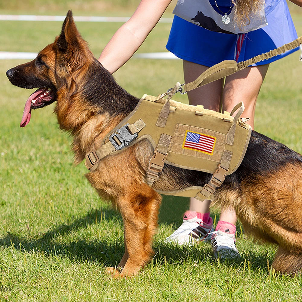 Tactical Military Dog Harness, Collar & Leash Set – Durable MOLLE Training Vest with Pouches & Flag for Large Dogs