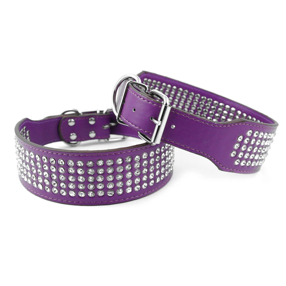 2" Width 5 Rows Rhinestone Dog Puppy Pet Collars – Bling Leather Diamante Collar XS–XL