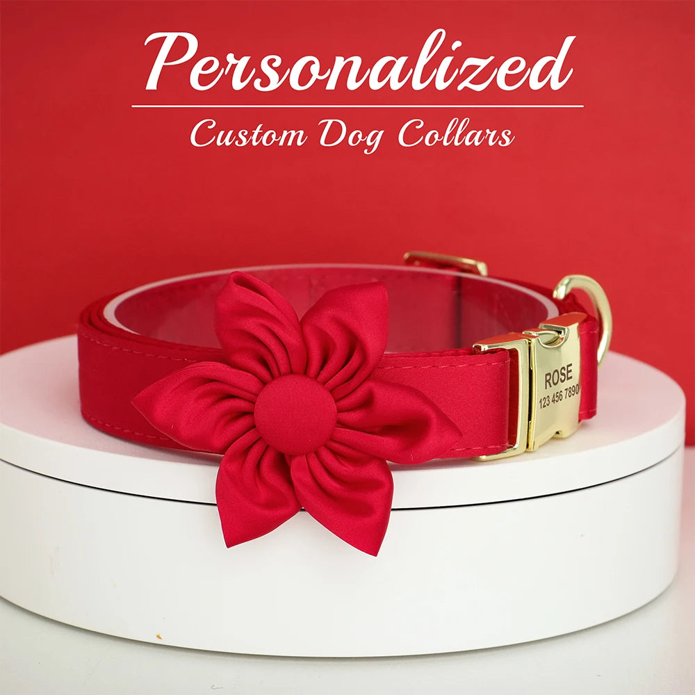 Personalized Silk Dog Collar with Bowtie & Flower – Custom Engraved ID Tag | Adjustable Wedding Collar for Small, Medium & Large Dogs