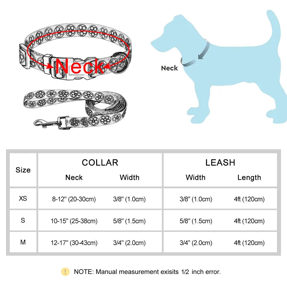 Cute Puppy Dog Collar & Leash Set – Adjustable Printed Nylon Collar with Matching Lead for Small Dogs & Cats (Flower/Bone/Striped Prints)