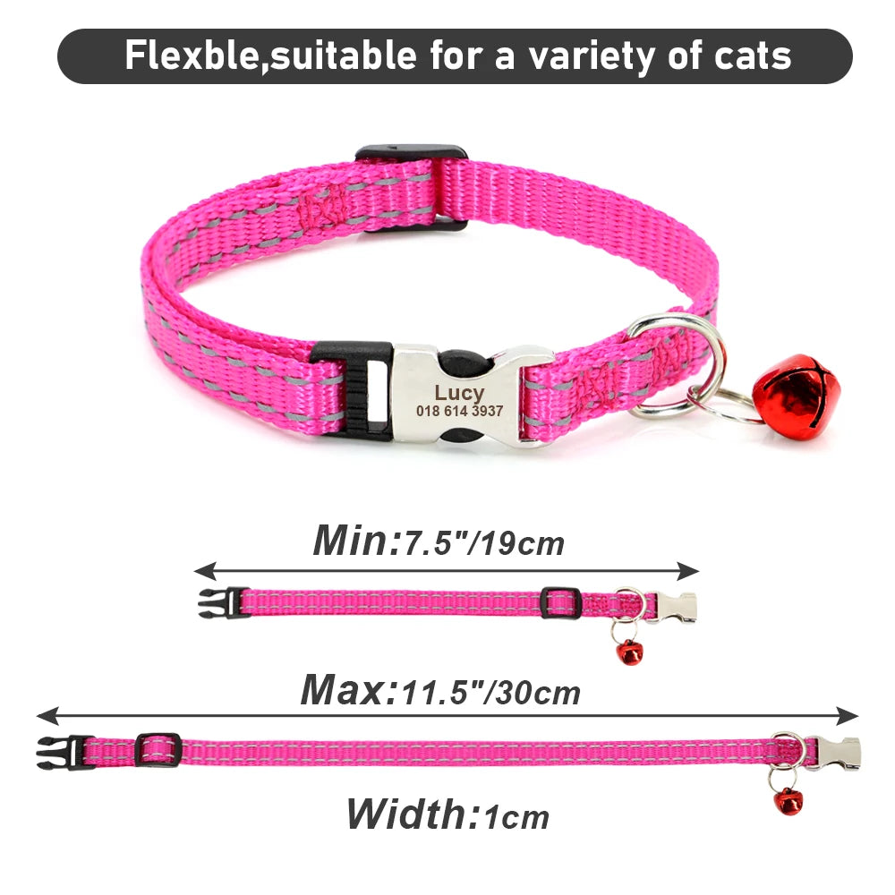 Personalized Pet Cat Collar Reflective Nylon Puppy Cat Collars Custom Engraved Pet Kitten Collar With Bell For Small Dogs Cats