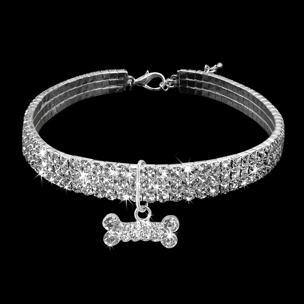 Bling Rhinestone Dog Collar with Crystal Bone Pendant – Adjustable Jewelry Necklace for Small & Medium Dogs (S/M/L, Pink/Blue/White)