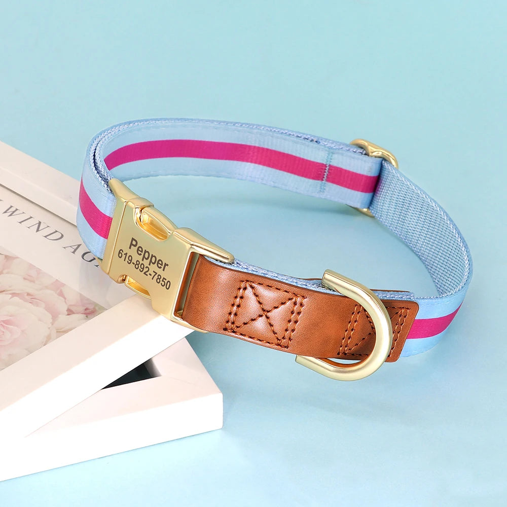 ✨ Personalized Nylon & Leather Dog Collar – Free Custom Engraving Included!