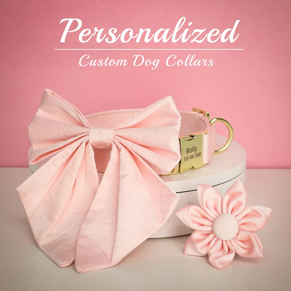 Personalized Silk Dog Collar with Bowtie & Flower – Custom Engraved ID Tag | Adjustable Wedding Collar for Small, Medium & Large Dogs