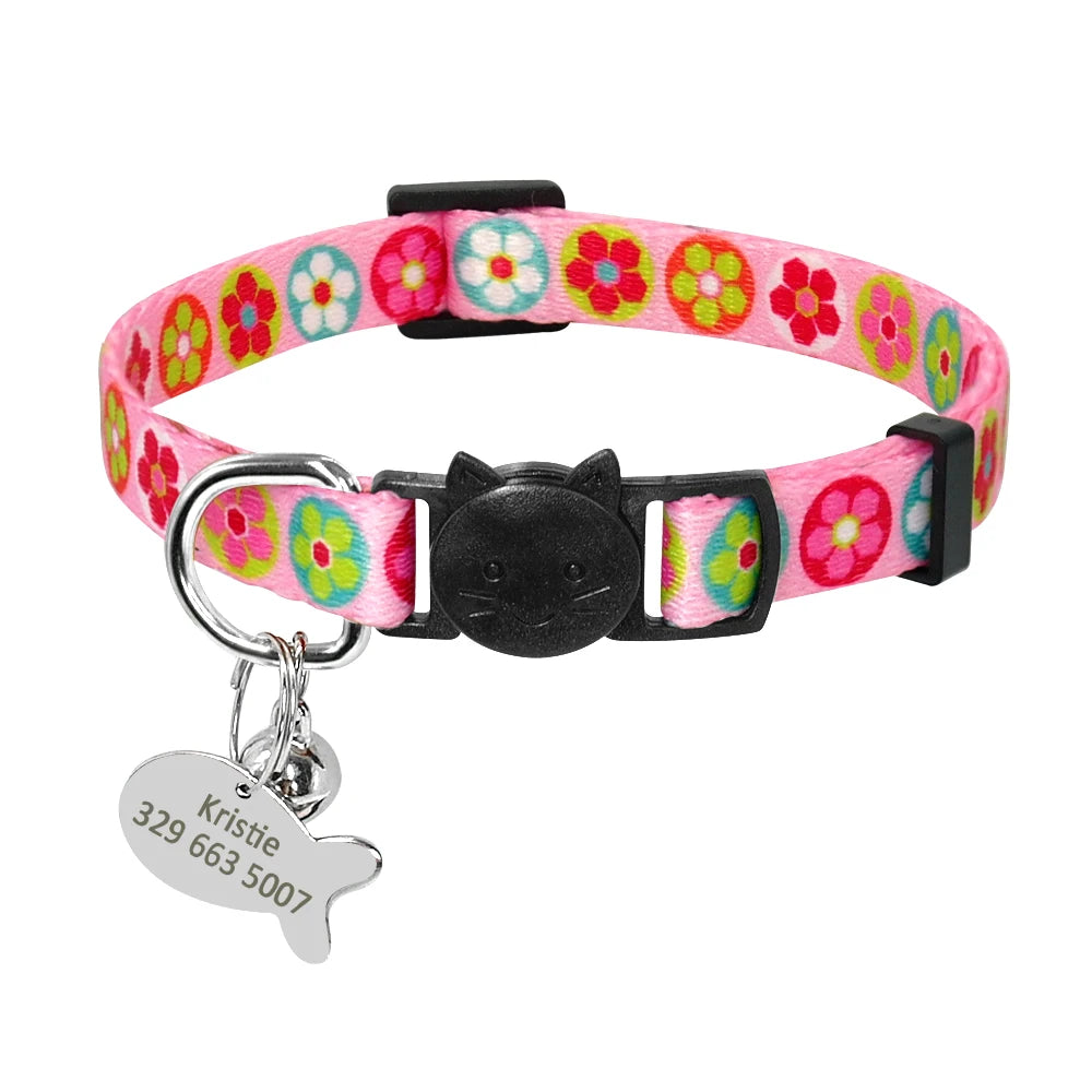 Personalized Cat Collar with Engraved Fish Tag – Adjustable Nylon Collar for Cats & Small Dogs