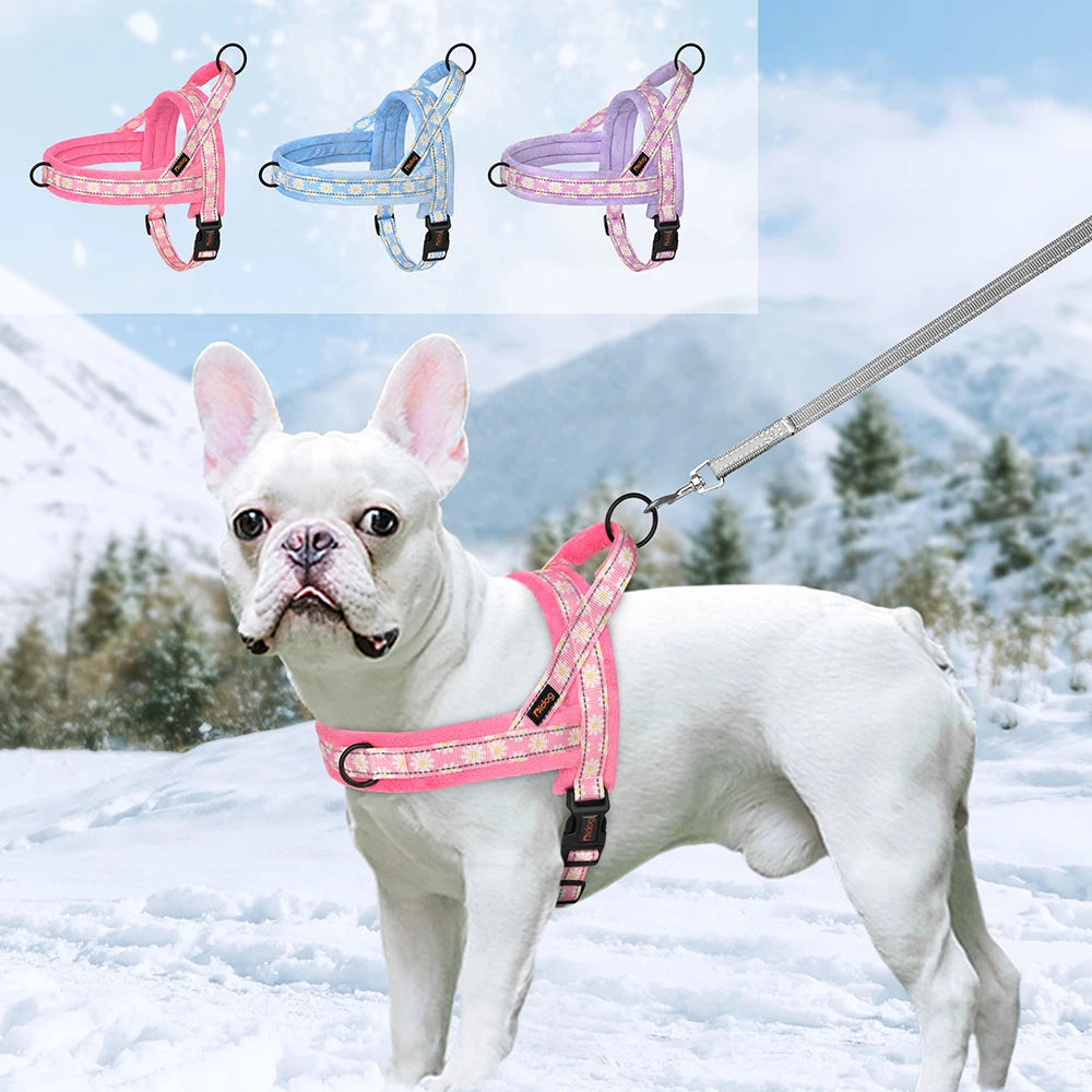 No Pull Reflective Dog Harness Winter Pet Dogs Vest Harness Warm Fur Padded Strap Harness for Medium Large Dogs Flower Print