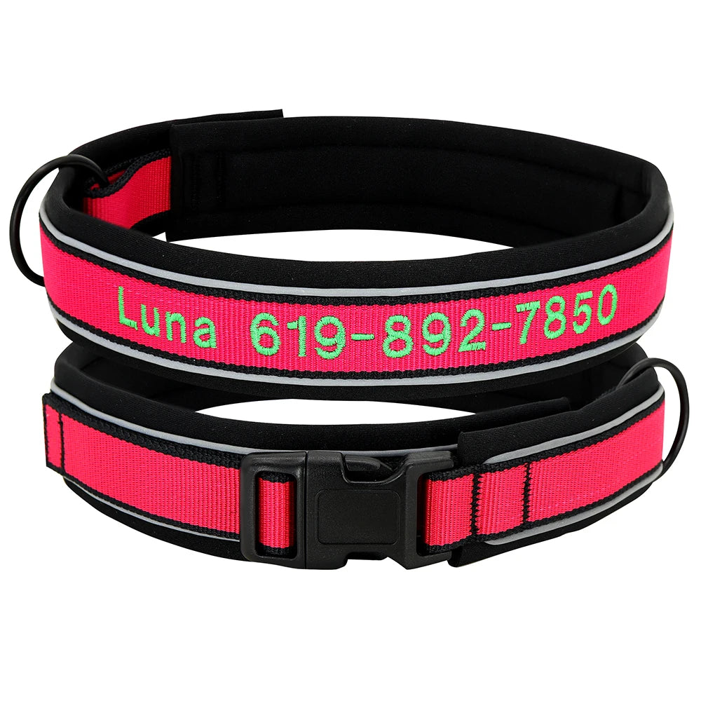 Personalized Embroidered Dog Collar – Reflective Nylon, Custom Name ID Tag – Small Medium Large Dogs