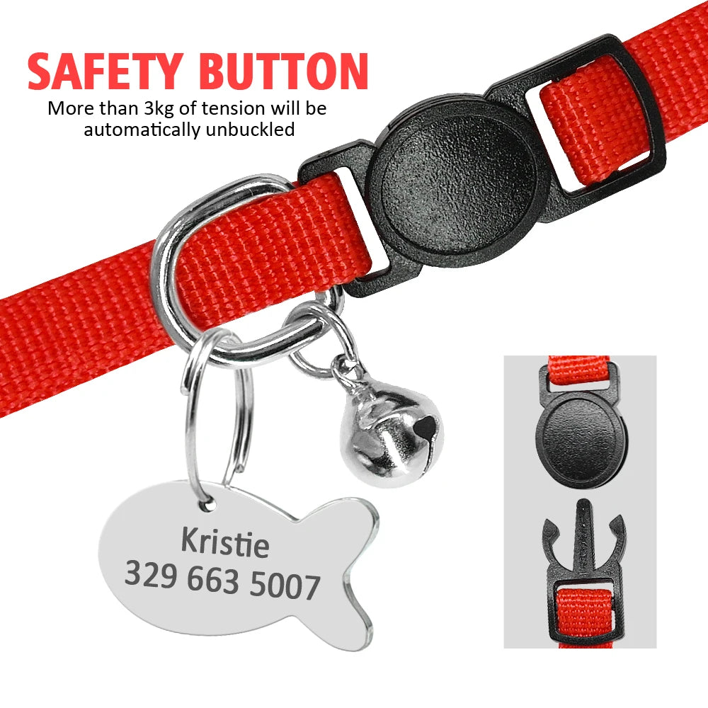 Personalized Cat Collar with Engraved Fish Tag – Adjustable Nylon Collar for Cats & Small Dogs