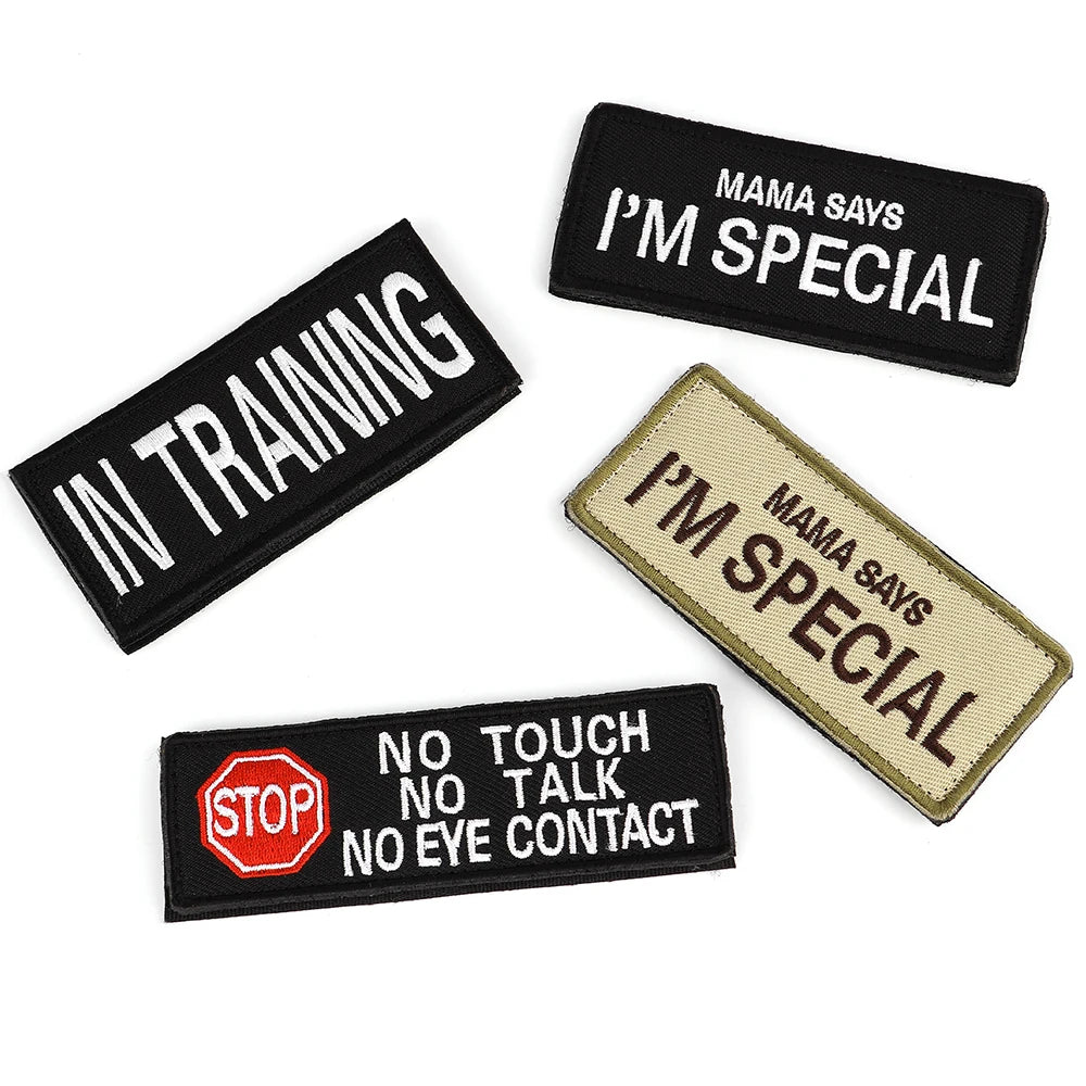 Dog Harness & Collar Patch Tags – “I’m Special”, “In Training”, “No Touch No Talk No Eye Contact”